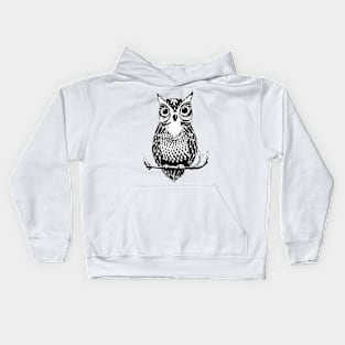 Black and White Drawn Owl Kids Hoodie